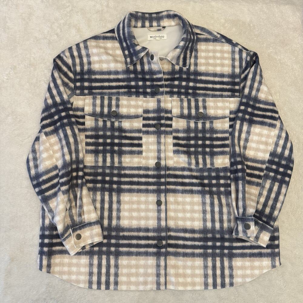 Workshop Republic Clothing blue and beige plaid oversized flannel shacket